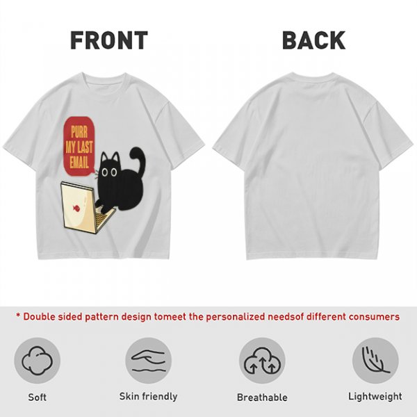 Black cat typing on laptop with 'Purr My Last Email' graphic t-shirt