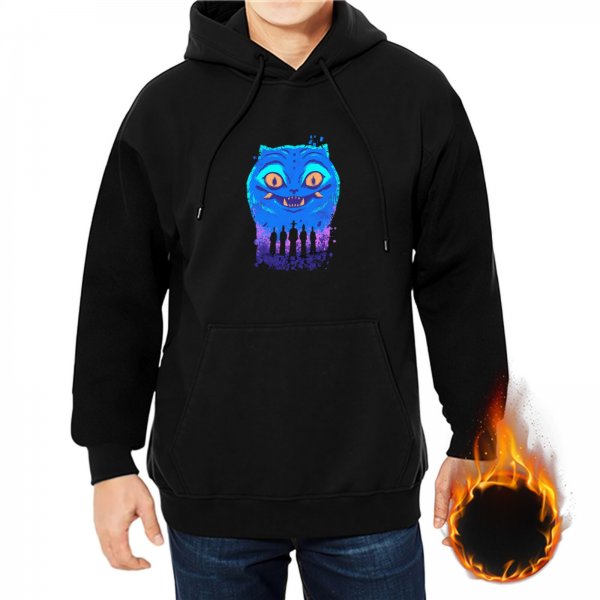 Black hoodie with blue Cheshire cat and silhouetted figures graphic