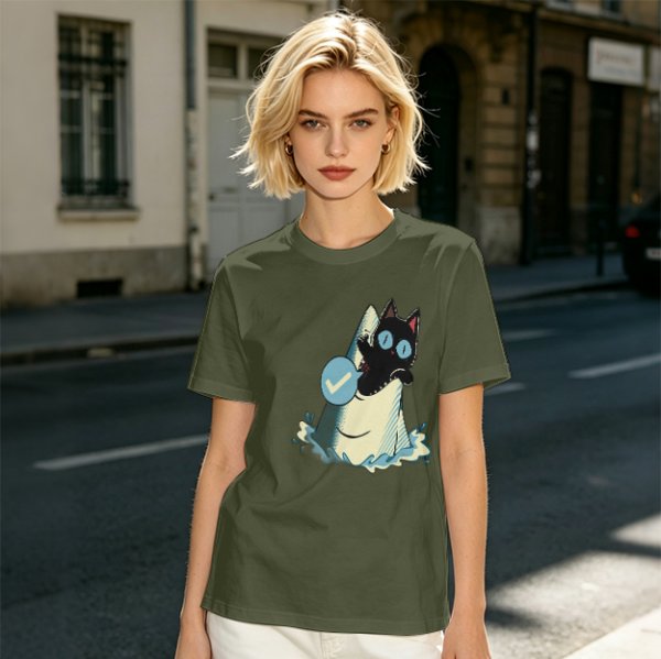 Olive T-Shirt With Black Cat Emerging From Wave Check Mark Print