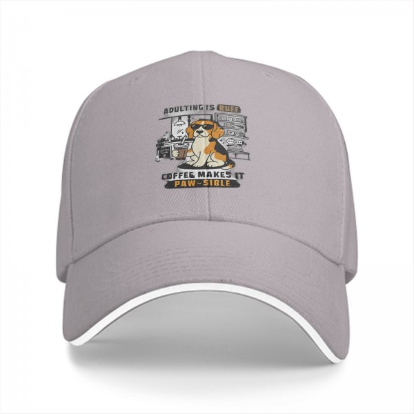 Black baseball cap with beagle dog coffee pun graphic