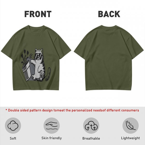 Olive T-Shirt With Cool Cat Wearing Sunglasses Knocking Over Potted Plant