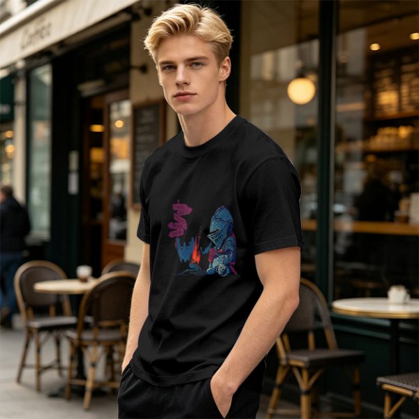 Olive T-Shirt With Dark Souls Knight At Campfire Death Sign Print