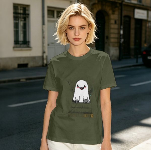 Olive T-shirt with Cute Smiling Ghost Graphic Print