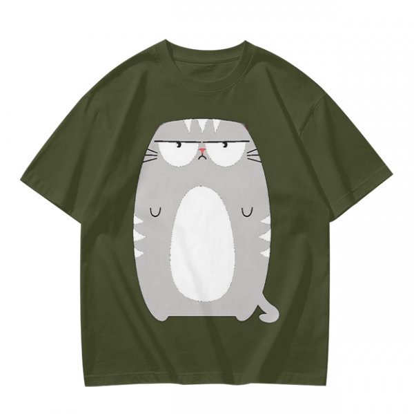 Olive Green T-Shirt With Grumpy Chubby Gray Cat Graphic