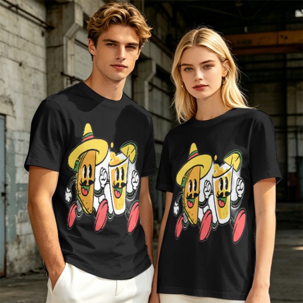 Olive T-Shirt with Cartoon Taco and Beer Graphic
