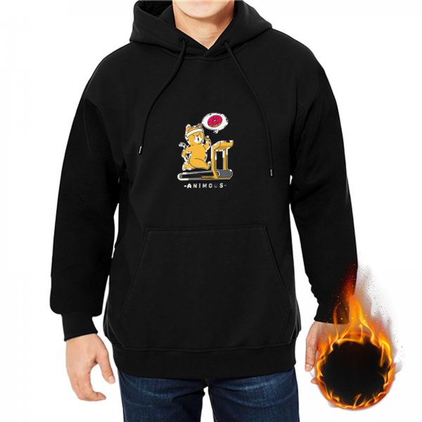 Black hoodie with cartoon cat on treadmill graphic and ANIMOUS text