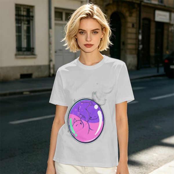 Olive T-shirt with Sleeping Cats in Colorful Bubble Graphic