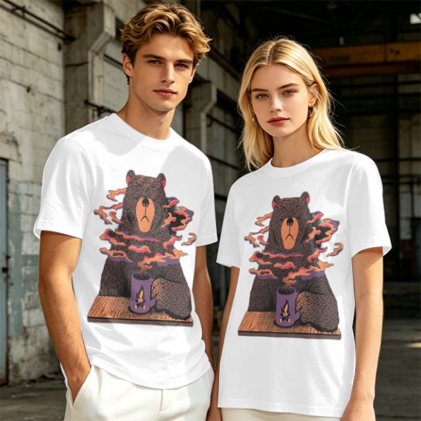 Olive T-Shirt With A Bear Holding A Campfire Mug Design
