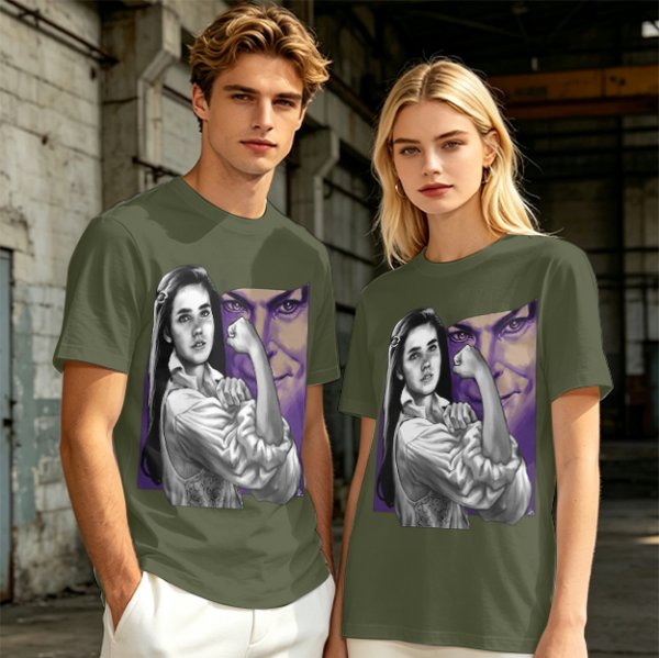 Olive T-shirt with vintage woman flexing arm graphic print