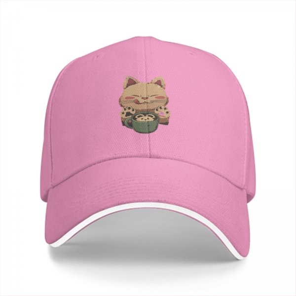 Black baseball cap with cute cat holding coffee cup print