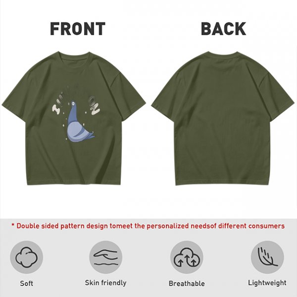Olive green graphic t-shirt with cartoon pigeon print