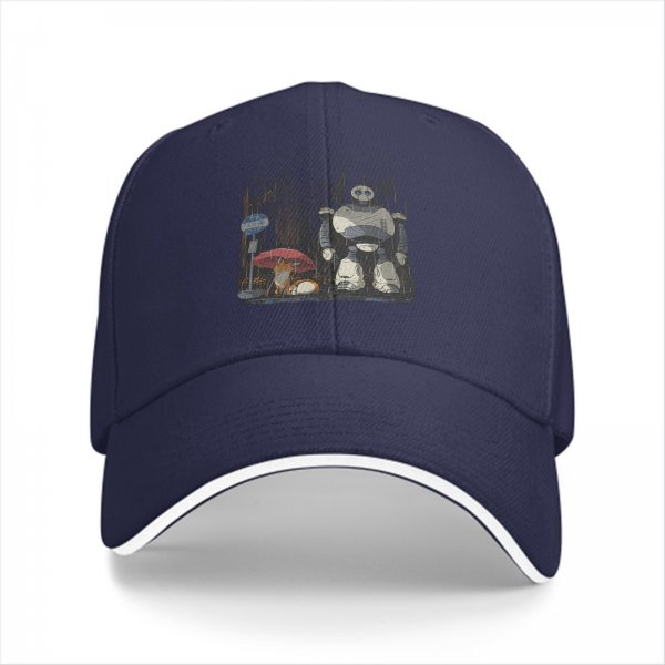 Black Baseball Cap With Robot And Mushroom Graphic Print