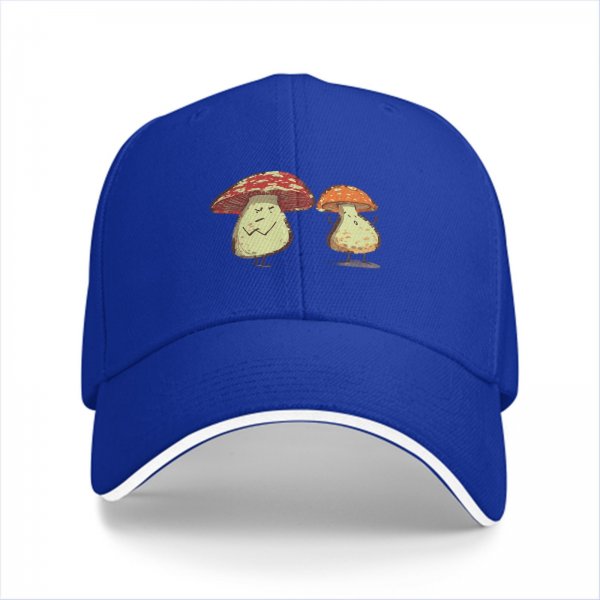 Black Baseball Cap With Cartoon Grumpy Mushroom Characters Print