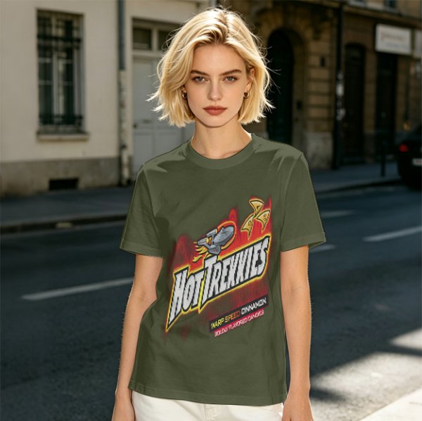 Olive green graphic t-shirt with Hot Trekkies Star Trek themed print