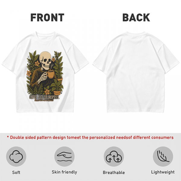 Skeleton with Coffee and Plants T-Shirt Graphic