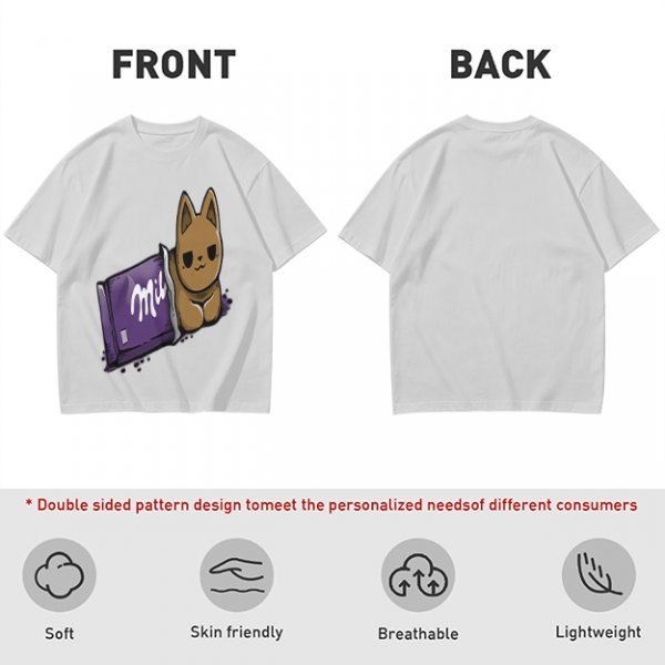 Olive T-shirt with a cartoon cat emerging from a purple chocolate wrapper print