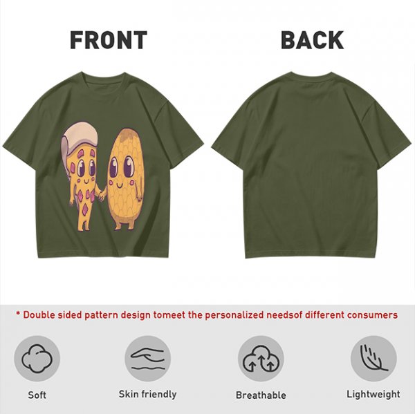 Olive Green T-Shirt With Cute Pizza And Corn Holding Hands Art