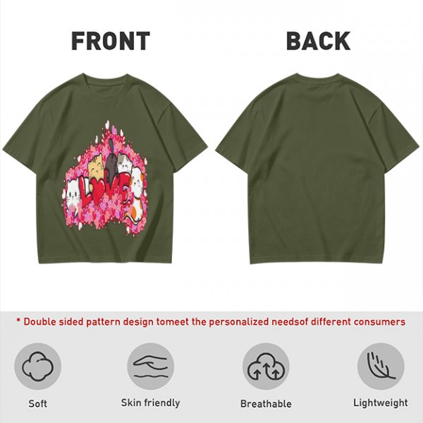 Olive green t-shirt with cute cats and love hearts graphic
