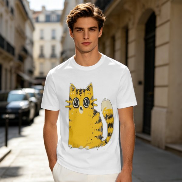 Olive Green T-Shirt With Cute Surprised Yellow Tabby Cat Graphic