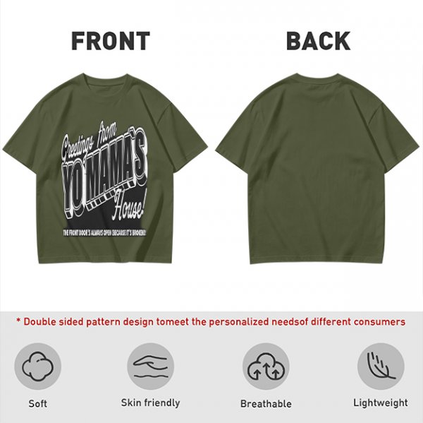 Olive green graphic t-shirt with 'Greetings from Yo Mama's House' print
