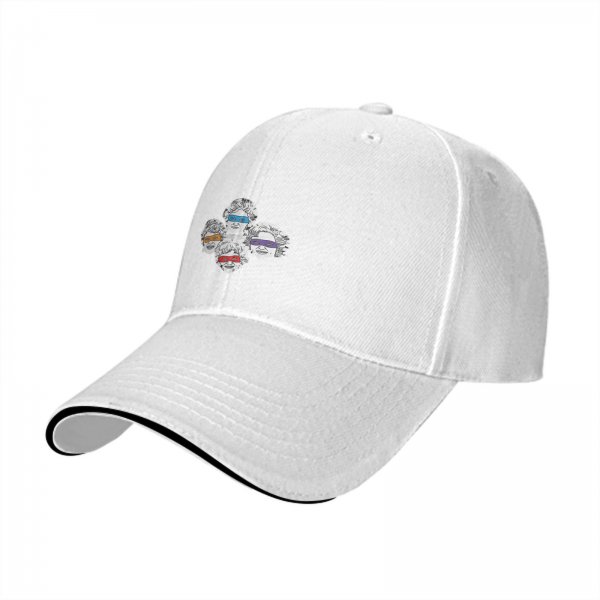 Black baseball cap with four stylized older women wearing colored visors