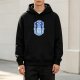 Black hoodie with Questers Monsters themed blue graphic print
