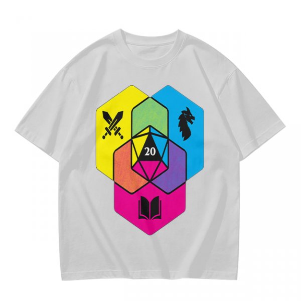 Olive T-Shirt With D20 And Fantasy RPG Themed Hexagon Art
