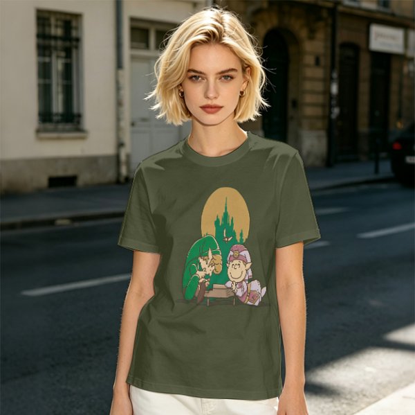 Olive Green T-Shirt With Zelda Themed Cartoon Characters Print