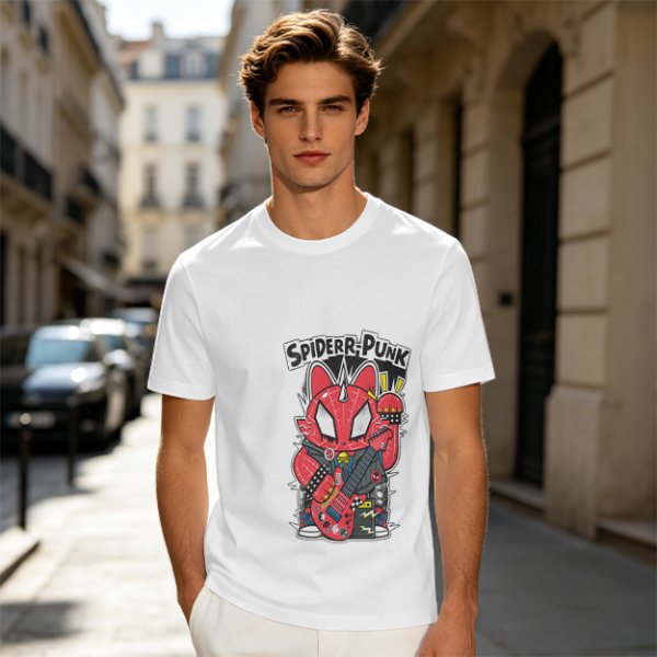 Olive T-shirt with Spider-Punk Cat Playing Guitar Graphic