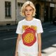 Olive green graphic t-shirt with pizza atom design