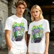 Olive T-shirt with spooky juice box graphic and playful skull art