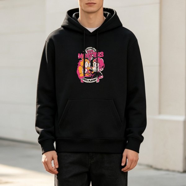Black hoodie with Local Monsters Pets Playing cartoon graphic