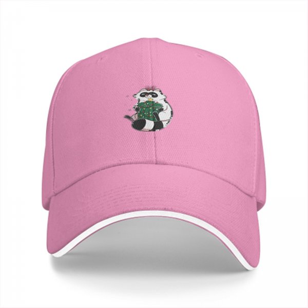 Black baseball cap with cute raccoon holding a decorated Christmas tree