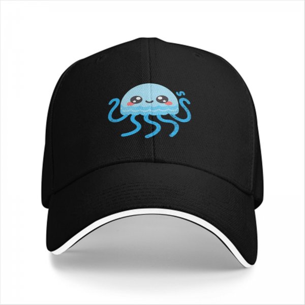 Black Baseball Cap With Cute Kawaii Light Blue Jellyfish Print