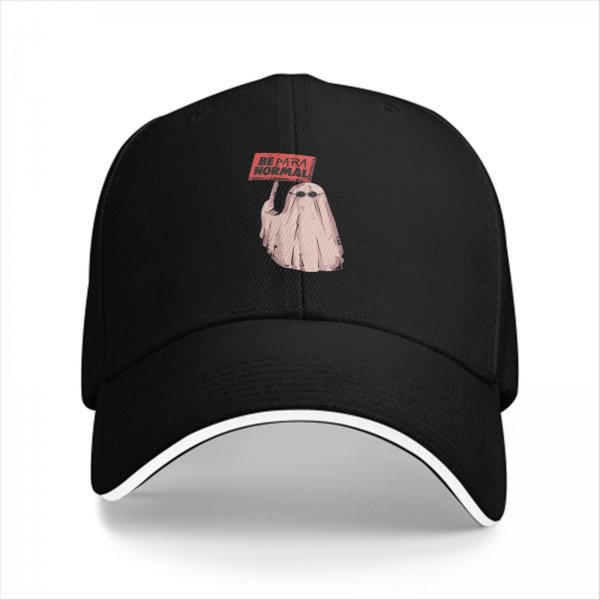 Black baseball cap with a ghost holding a 'Be Paranormal' sign