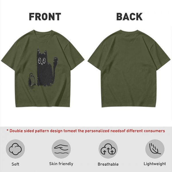 Olive Green T-Shirt With Cute Surprised Black Cat And Bell Print