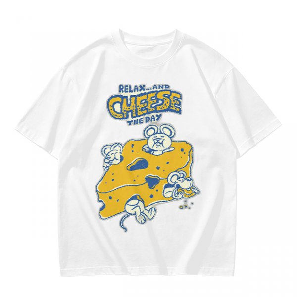 Olive graphic t-shirt with 'Relax and Cheese the Day' and mice on cheese