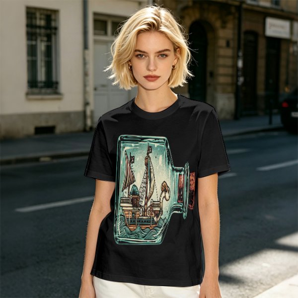 Olive T-Shirt With Pirate Ship In Glass Jar Artwork