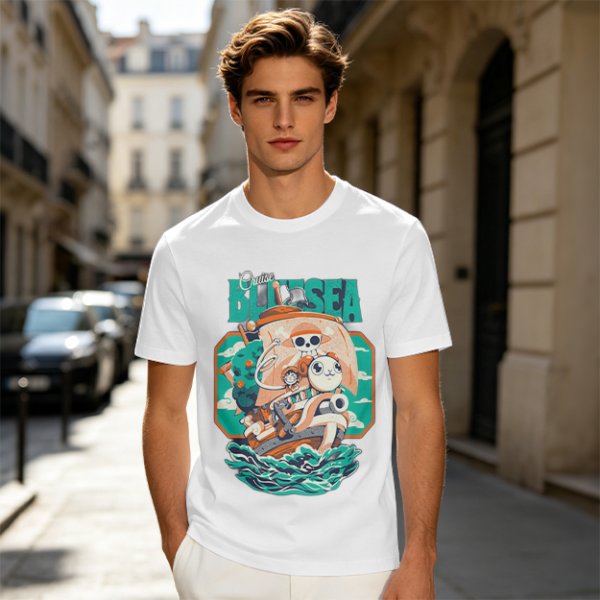 Olive T-Shirt with Cartoon Pirate Ship Blue Sea Cruise Print