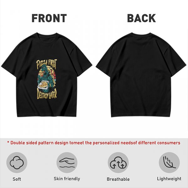 Olive T-Shirt with Godzilla Pizza First Destroy Later Print