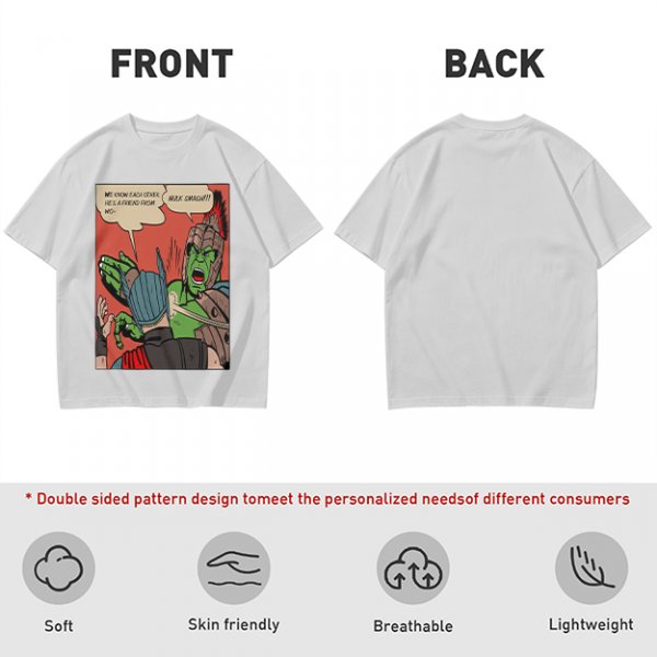 Olive t-shirt with comic print of Hulk and Thor mid-smashed interaction
