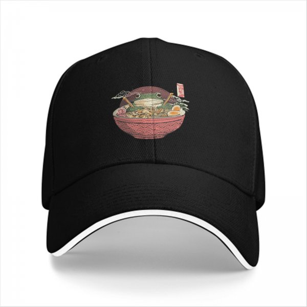 Black baseball cap with frog in ramen bowl graphic
