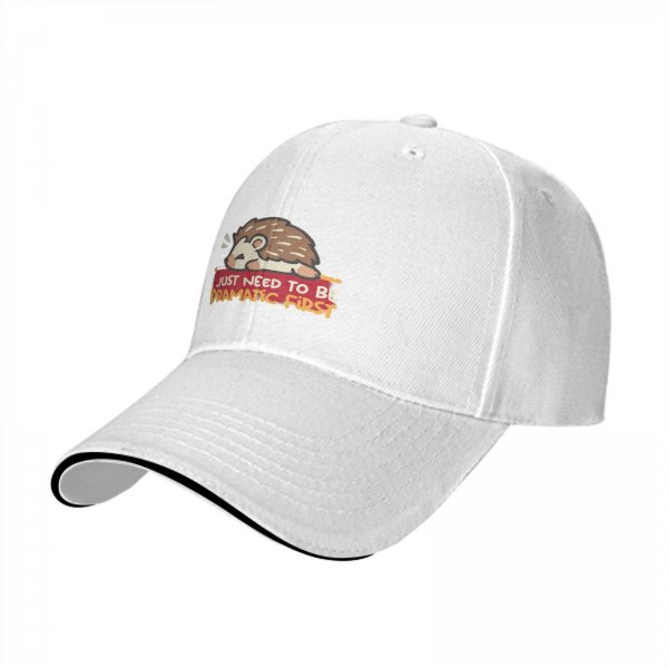 Black baseball cap with dramatic hedgehog graphic and funny text