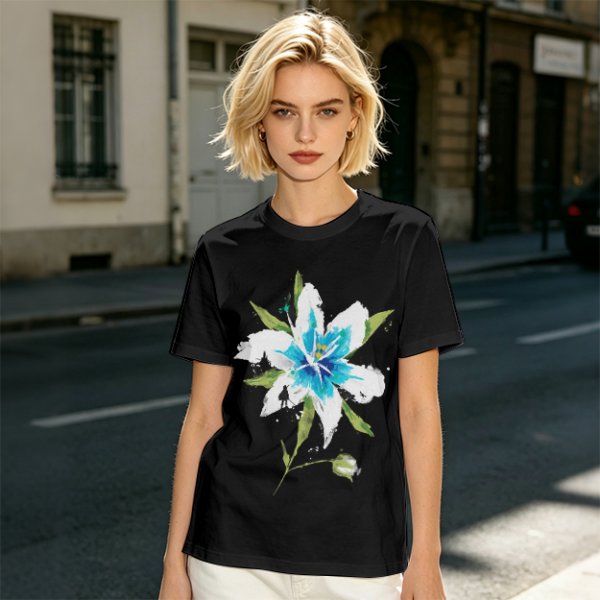Olive Green T-Shirt with Watercolor Blue Lily Flower Print