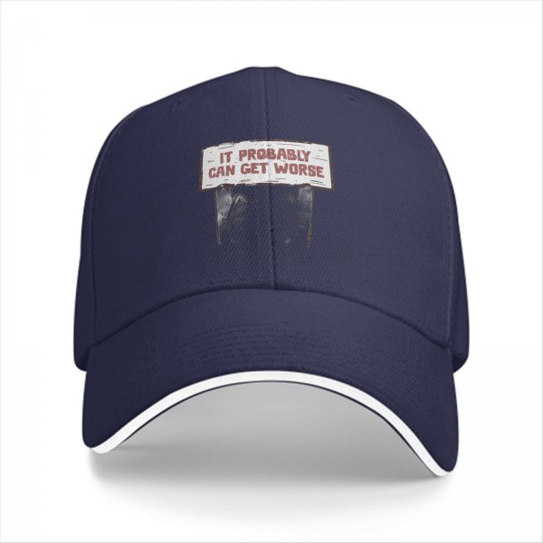 Black baseball cap with 'It Probably Can Get Worse' graphic print
