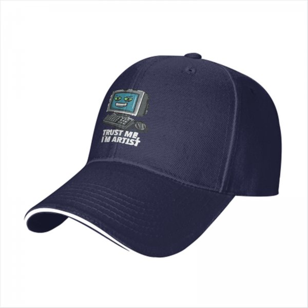 Black baseball cap with retro computer graphic and 'Trust me I'm artist' text