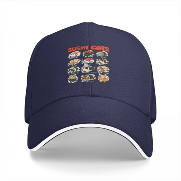 Black baseball cap with sushi cats graphic print