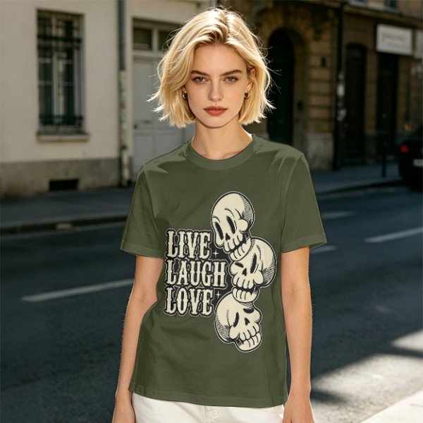 Olive Graphic T-Shirt with Live Laugh Love and Stacked Skulls