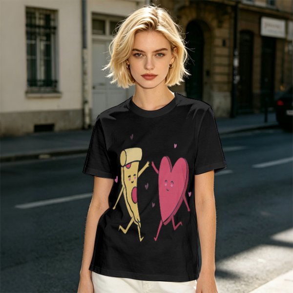 Olive T-Shirt with Dancing Pizza Slice and Heart Graphic