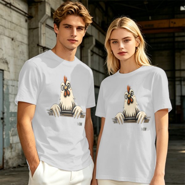 Olive T-Shirt With Surprised Peeking Chicken Graphic And Me? Text